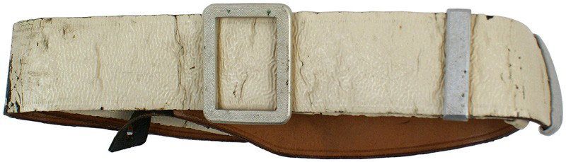 Imperial Prussian Curassier leather bandolier belt: F-117 Imperial Prussian Curassier leather bandolier belt. White finished leather with silvered pebbled square buckle, slide and "tongue". Tapered leather tabs with buttonholes for attaching a cartridg