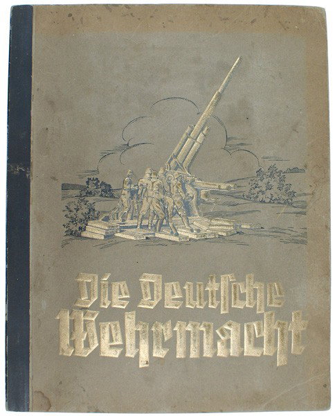 Die Deutsche Wehrmacht cigarette card book: I-32 "Die Deutsche Wehrmacht" cigarette card album. 265 color cards of the German Armed Forces in training and in the field. Five cards are missing. Two-page color chart on flags and uniform insignia.