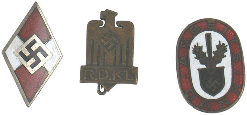 Lot of 3 German WWII HJ RDKL RAD pins: B-33 Lot of 3: HJ Diamond, "RDKL" and "RAD" enameled lapel pins. II