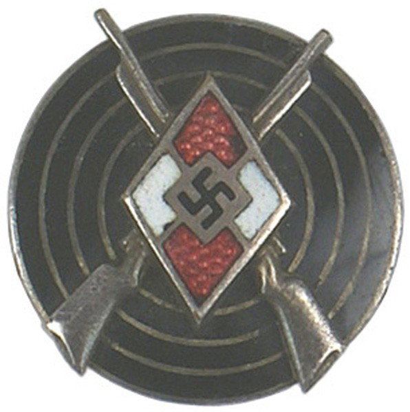 German WWII Hitler Youth Sharpshooter Badge: B-36 Hitler Youth Sharpshooter Badge. Enameled HJ diamond/target with silver crossed rifles. Reverse marked "RZM" and "M1/148". II