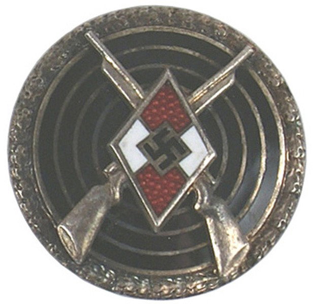 German WWII Hitler Youth Sharpshooter Badge: B-37 Same - but larger version with an oak leaf border. Reverse marked "RZM" and "M1/102". II