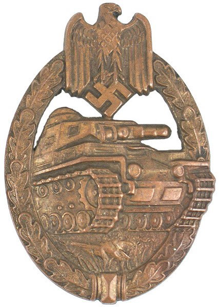 German WWII Panzer Badge - Bronze: B-113 Same - stamped variety. Reverse marked with an "A" logo (firm of Assmann). Nice patina. II