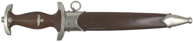German WWII SA Dagger: D-2 Same as above. Lower crossguard marked "NS" (Nieder Saxony). Excellent blade marked with maker "GUSTAV SPITZER - SOLINGEN". Brown anodized scabbard shows some "spiders" on reverse. Nice patina on 