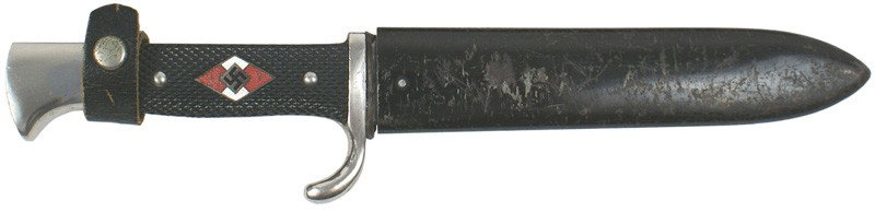 German WWII HJ Hitler Youth dagger: D-19 Same as above. Blade is clean, but has been ground. Either the motto or a dedication has been removed. Reverse has a knight's head logo, "WKC SOLINGEN" and "RZM-M7/42 - 1937". This side was also 