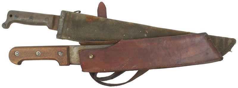 Lot of 2 U.S. WWII machetes: D-44 Lot of 2 U.S. WWII machetes: (1) M1942 O.D. plastic grip. 18 ¼" blade is rusted. O.D. web scabbard shows wear. Rough condition. (2) Scimitar type 14 3/8" blade - with wood grips. Brown military