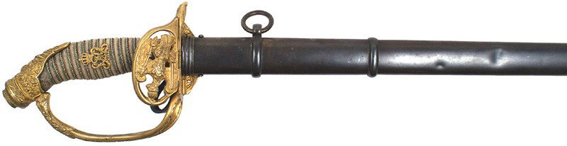 Prussian Infantry officer deluxe M1889 degen sword: D-70 Prussian Infantry officer deluxe Model 1889 "degan". Gilt brass floral decorated/relief allegorical head pommel cap, knuckle-bow and folding clamshell guard with detail on both sides. Twisted sil