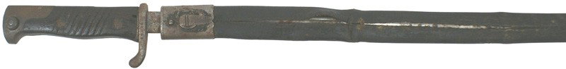 German M1898 Seitengewehr bayonet: D-93 M1898 "Seitengewehr". 20 3/4" blade, with cleaned rust spots. Marked "SIMSON & CO. - SUHL". Metal throat and tip on a worn leather scabbard with a split seam. IIII