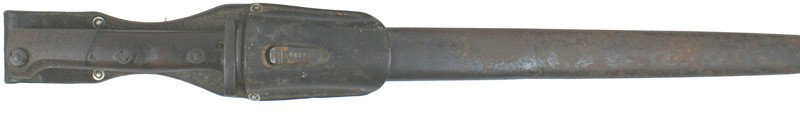 Czech Mauser M98/29 bayonet: D-101 Czech Mauser M98/29. Darkened, light pitting on pommel, crossguard and scabbard. 15" blade retains 80% of the original bluing - worn at tip. A German reissued bayonet, with a typical WWII leathe