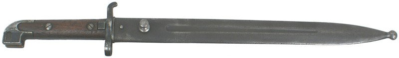 Swedish Mauser M1895 bayonet: D-108 Swedish Mauser M1895. Unusual steel squared-off pommel, with a short crossguard/muzzle ring. Clean 13" blade with a crowned "C" hallmark. Edge of blade had been sharpened. Fuller down center of 