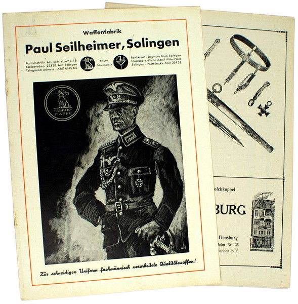 Lot of 2 German WWII sword manufacturer catalogs: D-131 Lot of 2 original period manufacturer's catalogs: (1) "AUG. LUNEBURG - Waffenhaus…". 16 illustrated Imperial German Navy daggers, five Damascus blades and miscellaneous uniform accessories, me