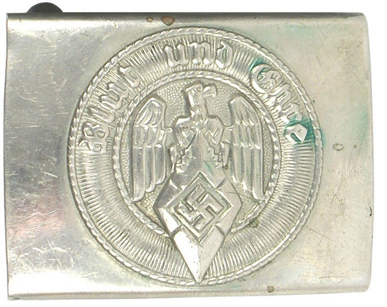 German WWII Hitler Youth belt buckle: H-6 Hitler Youth (HJ). Relief eagle/diamond/swastika with "Blut und Ehre". Early nickeled type. Reverse is marked "A", "A & S", "GES. GESCH.", "RZM" and "17". II
