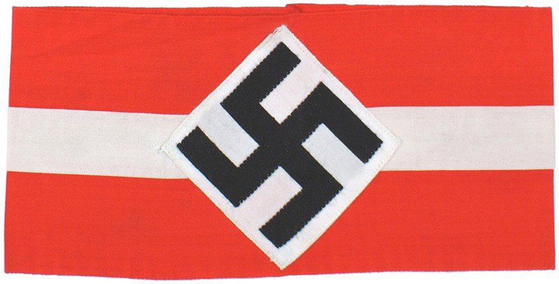 German WWII HJ Hitler Youth armband: H-28 HJ (Hitler Youth). Bevo embroidered black swastika on a white diamond - sewn to a red band with a 1" white stripe. With a paper "RZM" label. Excellent. I
