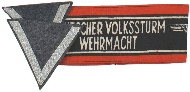 DEUTSCHER VOLKSSTURM WEHRMACHT armband: H-34 "DEUTSCHER VOLKSSTURM WEHRMACHT". Eagle/swastika on each side of the white lettering, on a black field. Red borders. Also with two Luftwaffe chevrons (one has some moth nips). II