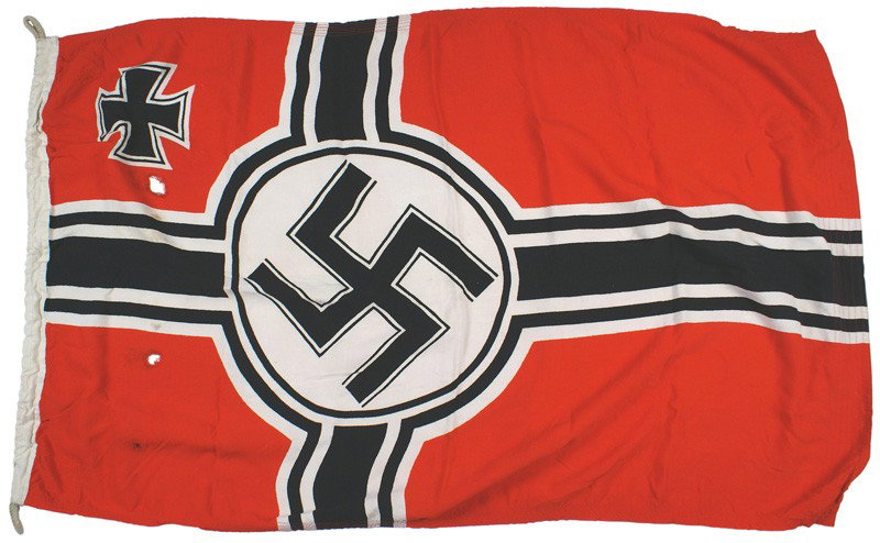 German WWII Navy Kriegsflagge flag: H-260 Navy "Kriegsflagge". Black swastika within a white circle with white and black stripe dissected panels - all on a red field. Reinforced border is ink stamped with name of maker and size. With ro