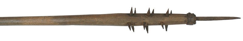 Medieval South German morning star weapon: R-17 Medieval South German "morning star". A common period peasant used pike consisting of an elongated 7" spike protruding from a 73" wood haft, with 12 smaller spikes below an iron collar, along the