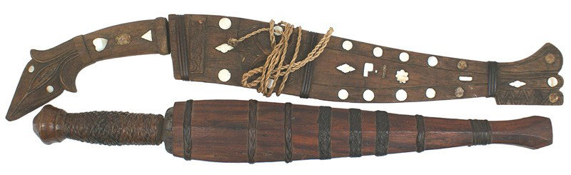 Lot of 2 Philippine knives dagger: R-40 Lot of 2 Philippine knives: (1) "Talibon" shaped - one-piece carved wood grip with a flat fleur-de-lis type pommel and "fan" shaped tip of wood scabbard - all inlayed with abalone. 11" golok shap