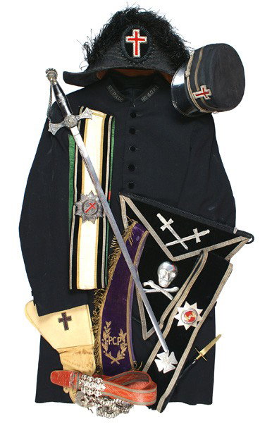 Masonic 12-piece officer parade set with sword: K-70 As above - Masonic 10-piece parade set with sword. (1) Jacket with nine buttons and silver embroidered collar "ST. PAUL NO. 40 K.T.". (2) Same fore & aft hat with a large silver cross. "Ames Swor