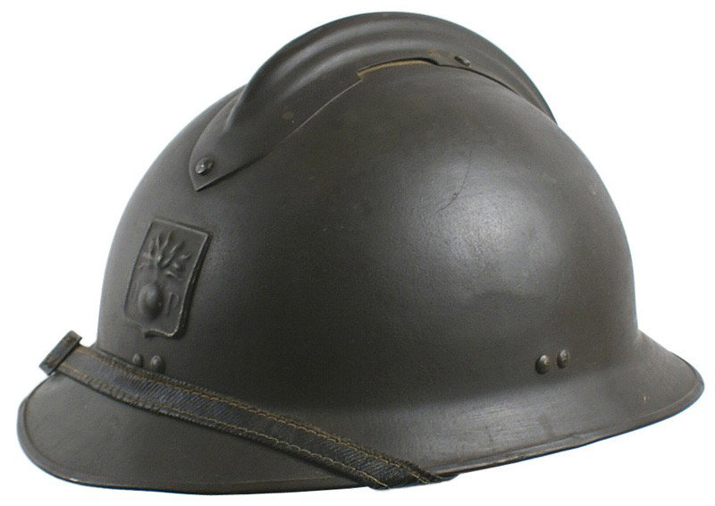 French Adrian type WWII steel helmet: E-15 French "Adrian" type WWII steel helmet. 98% original O.D. finish. Front shield has a flaming grenade and "D.P.". Black leather chinstrap and drawstring liner. II+