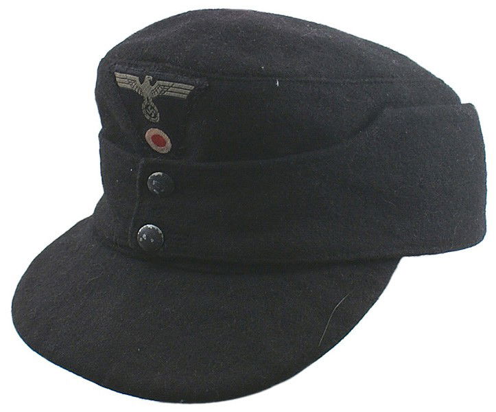 German WWII Panzer EM M43 cap: E-102 German WWII Panzer E.M. M43 cap. Dyed black wool with a satin lining. Embroidered gray eagle/swastika/rosette on a black trapezoid - hand sewn. About II
