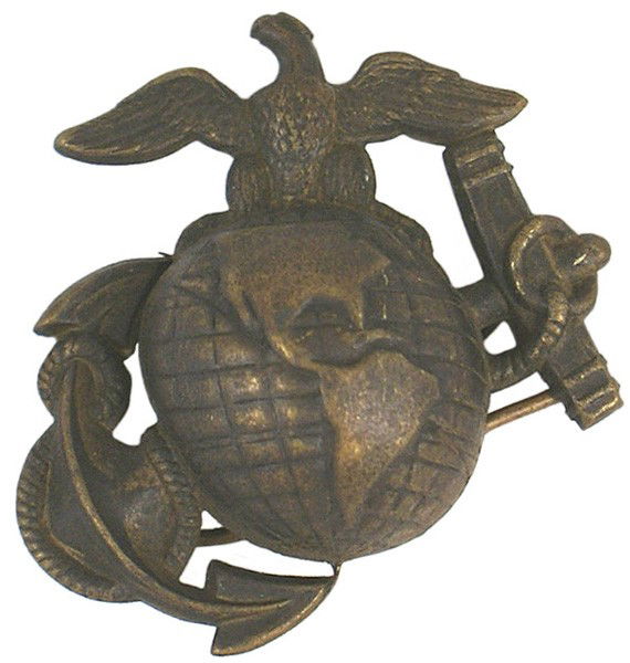 U.S. Marine Corps cap brass EGA: E-163 U.S. Marine Corps cap brass detailed EGA. Age patina. Wire fasteners on the reverse. Circa 1875. II