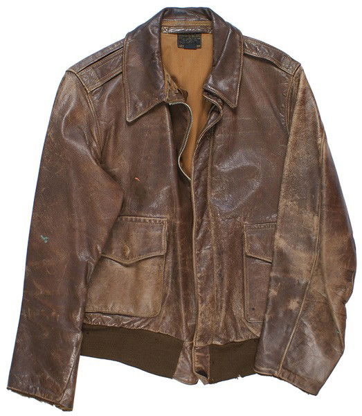 U.S. WWII Army Air Force A-2 leather jacket: F-82 Army Air Force WWII A-2 leather jacket. Zipper front with two flap pockets, knit waistband - knit cuffs are missing. Original brown cloth lining with a cloth "Type A-2" label. Leather is supple.