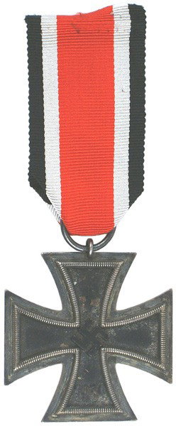 German WWII 1939 Iron Cross 2nd Class: B-71 1939 Iron Cross - 2nd Class. High relief swastika in center. Black finish shows some lifting on border near frame. Dark plum silver frame. With ribbon. Ring marked "6" (firm of Fritz Zimmermann i