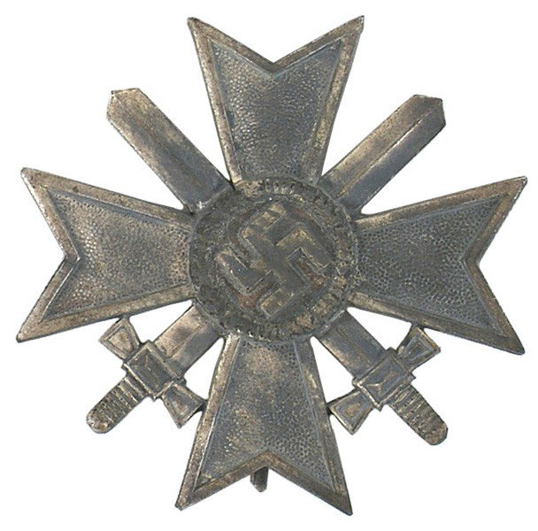 German WWII War Merit Cross medal: B-94 War Merit Cross 1st Class with Swords. Some silver highlights are visible through the "smoky" patina. Wide silver pin is marked "L/15" (Friedrich Orth. In Vienna). II