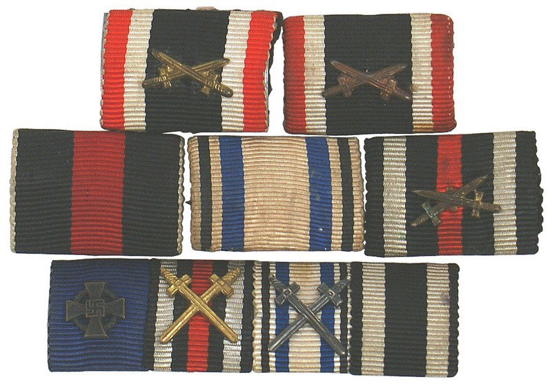 Lot of 6 German WWII ribbon bars: B-174 Lot of 6 ribbon bars: 5 singles - (Bavarian M.O., 1914-1918 with Swords, 2 KvK with Sw., Sudetenland Occupation and a 4-ribbon bar (1914 Iron Cross, Bavarian M.O., 1914-18 and Nazi 25-yr. Cross)