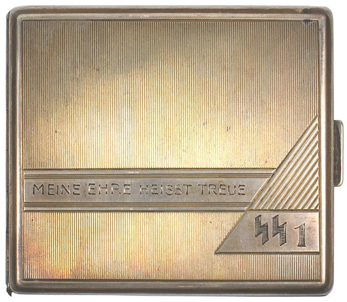 German WWII SS silver cigarette case presented: A-32 SS silver cigarette case, possibly presented to the Commander of SS Regiment 1 "Deutschland". Linear design on front and engraved "SS 1" and with the SS motto "MEINE EHRE HEISST TREUE". Gold wash