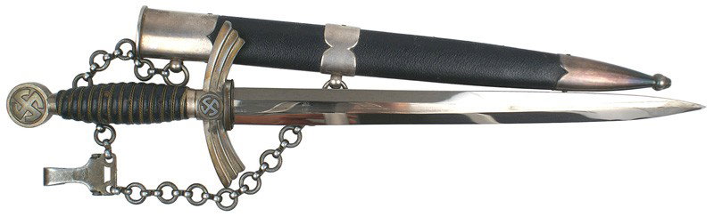 German WWII Luftwaffe 1st model dagger: D-8 Luftwaffe 1st model dagger. Braided silver wire wrapped blue leather grip. "Sun wheel" swastika on an age-toned silver round pommel and center insert of turned-down "wings" crossguard. Excellent 1