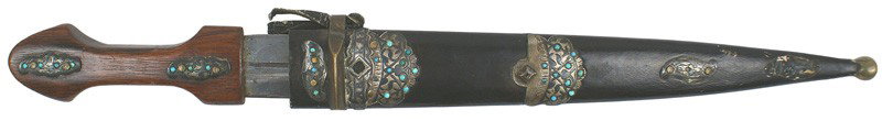 Russian kindjal dagger: D-18 Russian kindjal. Two silver niello panels, with three small turquoise stones on each, mounted on the "polished" wood grip. 10 ½" clean blade. Two large silver niello/blue turquoise stone decorat