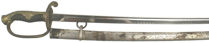 Japanese WWII officer dress sword: D-50 WWII officer's dress sword. Brass plum blossom decorated backstrap, pommel and a reverse "D" knuckle-bow, culminating in a pierced guard with plum blossoms". 27 ¼" clean, slightly curved blade w