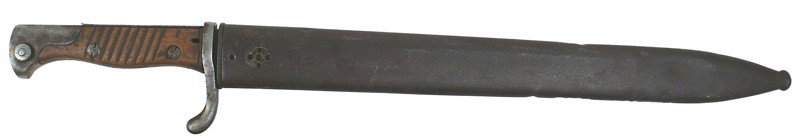 German WWI Seitengewehr M98/05 bayonet: D-71 "Seitengewehr" M98/05. Steel pommel and upswept crossguard, no muzzle ring. Slanted groves wood grips. 14 3/8" "butcher" blade - mostly dark brown with some gray. Marked "WEYERSBERG KIRSCHBAUM & 