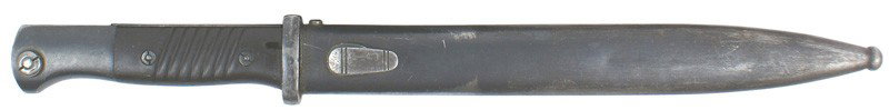 German WWII K98 Mauser bayonet: D-75 WWII K-98 Mauser bayonet - 60% blue on pommel/crossguard. 98% blue on blade. Marked "S/155G". 70% blue on scabbard - matching number "2095h". Also marked "F.W. HOLLER 1938". Small dent on reverse