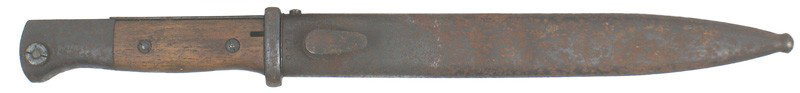 German WWII K98 Mauser bayonet: D-79 WWII K-98 Mauser bayonet - wood grips. Small rust "spiders" on blued pommel/crossguard. 80% blued finish on a wartime made blade. Marked "cof 43" and "0479c". Scabbard has matching code and seria