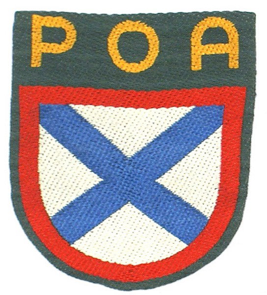 Russian Volunteers German WWII Army sleeve shield: H-192 Russian Volunteers in the German Army sleeve shield. Bevo embroidered "POA" with a Cross of St. Andrew. Worn by members of the Russian Liberation Army headed by Gen. Andrei Andreivich Vlasov. II