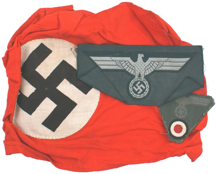 Lot NSDAP flag breast eagle cap eagle: H-199 Lot: (1) Small N.DS.D.A.P. flag. 7" x 11 ¾" - with a pole sleeve. (2) Bevo embroidered E.M. eagle/swastika breast eagle. Uncut. (3) M-43 trapezoid cap eagle. II