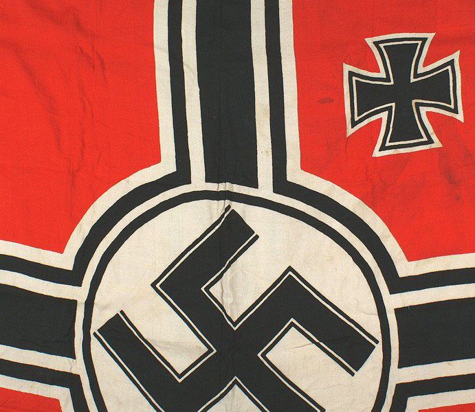 German WWII Navy Kriegsflagge flag: H-211 Navy "Kriegsflagge". Reinforced border is ink stamped with an eagle/swastika/"M" "REICHSKRIEGSFL. 300 X 500 (118" x 197") and "FAHNEN-KREISEL". With large rope loops. I