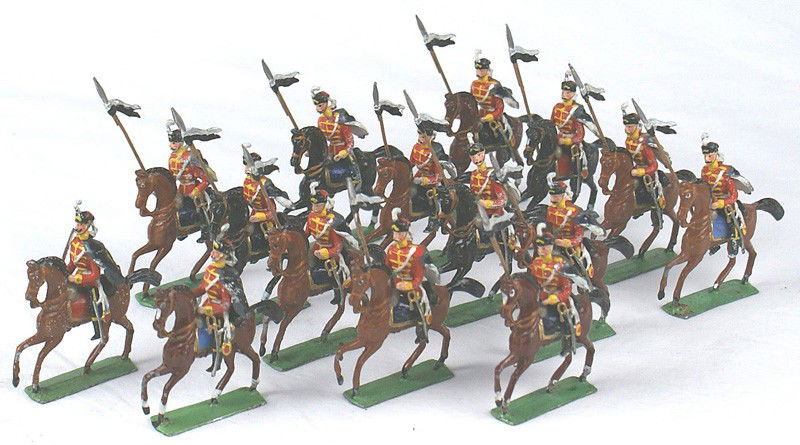 Lot of 15 HEYDE DRESDEN LEAD SOLDIERS: H-234 Lot of 15 mounted Imperial German Hussar lead soldiers. Includes an officer, bugler and 13 lancers. All painted - red tunics, dark blue breeches and capes and black busbys and boots. Good detail