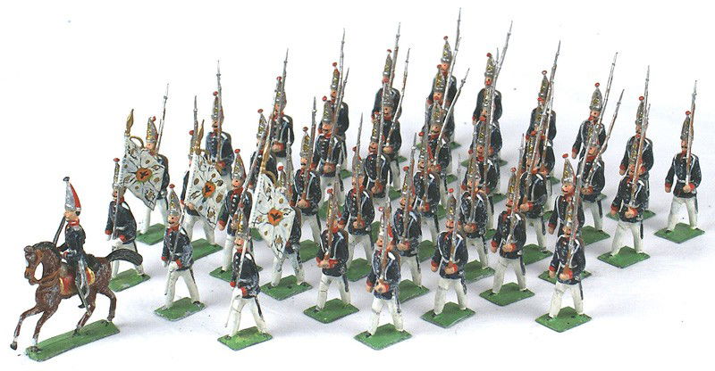 Lot of 41 HEYDE DRESDEN LEAD SOLDIERS: H-238 Lot of 41 Kaiser Alexander Regiment marching lead soldiers. Includes the mounted officer, three standard bearers and 37 enlisted men with rifles and backpacks. All are wearing the tall mitres, b