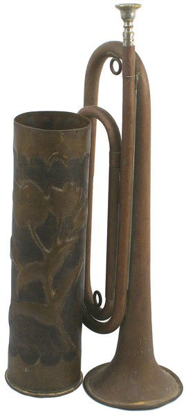 Art WWI lot French shell Bugle: H-299 WWI lot: (1) French Art - French 75mm brass artillery shell. Large embossed flower on a stippled background. 11 7/8" tall. (2) Bugle. Marked "U.S. REGULATION". Darkened patina. II
