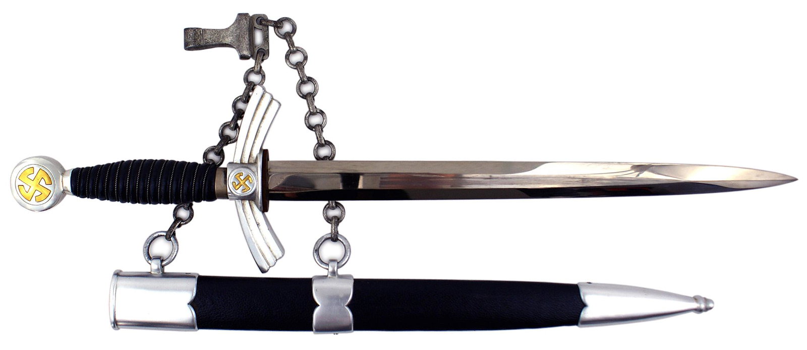 WWII Luftwaffe M1934 1st type dress dagger: D-003 Third-Reich Luftwaffe M1934 1st type dress dagger. Dull gilt "sun-wheel" swastika in center of the aluminum round pommel and "wings" crossguard. Twisted silver wire wrapped dark blue leather gri