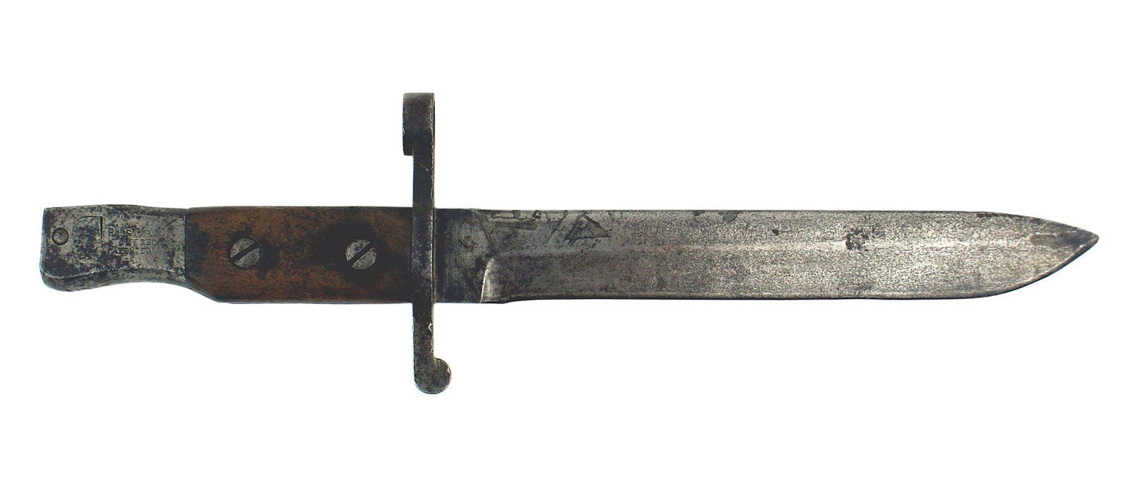 Canadian M1910 Ross bayonet combat knife: D-017 Canadian M1910 Ross bayonet cut down to a combat knife. Steel pommel is stamped "ROSS RIFLE COMPANY - QUEBEC - PATENTED 1907". Wood grips, stamped with a flaming grenade and "US". Gray blade has