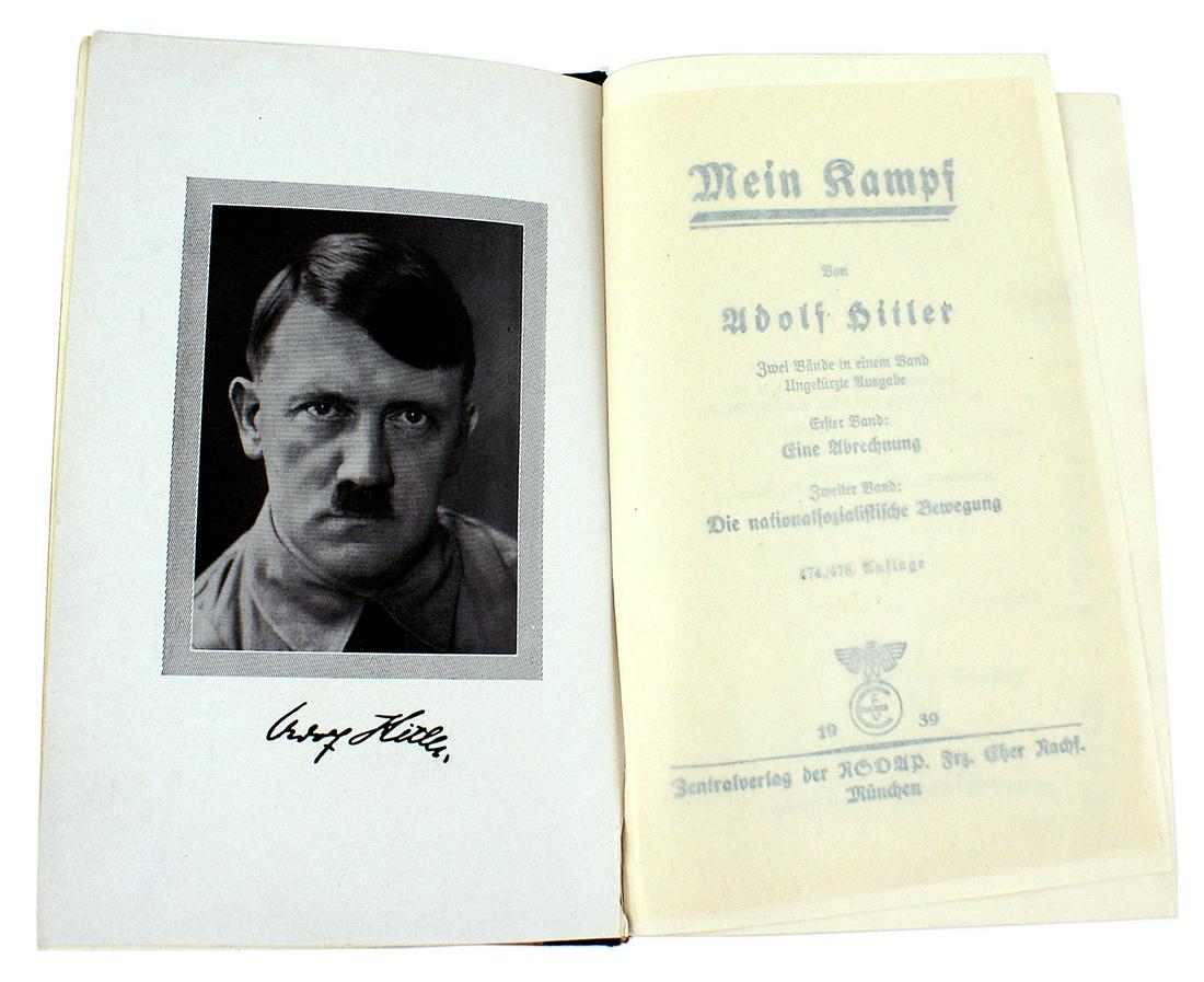 Marriage copy of Mein Kampf by Adolf Hitler: A-138 "Marriage" copy of Mein Kampf" by Adolf Hitler. 1939 edition. Flyleaf has a printed dedication to the blank named couple to be married and an open area for the signature of the Burgermeister. Si