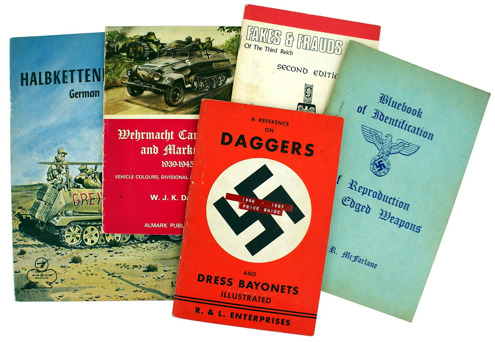 5 military reference books DAGGERS FAKES: I-047 Lot of 5 paperback military collector reference books: (1) "DAGGERS and DRESS BAYONETS" by R&L. ENTERPRISES. Published in 1959. 60 photo pages. (2) "FAKES & FRAUDS - OF THE THIRD-REICH" by Freih