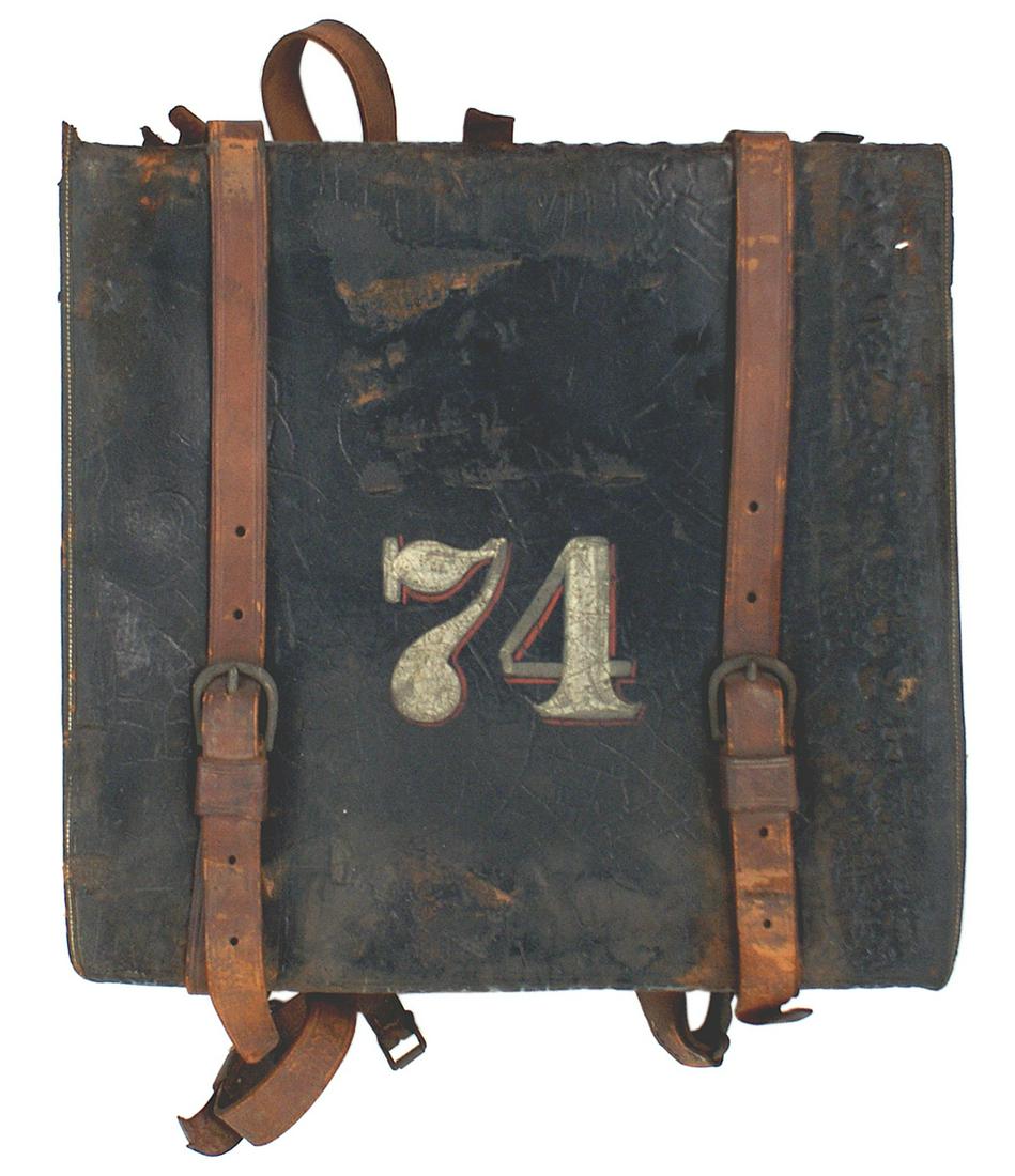 Civil War Federal Mililtia box knapsack: K-042 Civil War Federal Mililtia "box" knapsack. White pine frame with corner braces and covered with black painted canvas. The front flap is painted with "74" in white. With the two main shoulder str