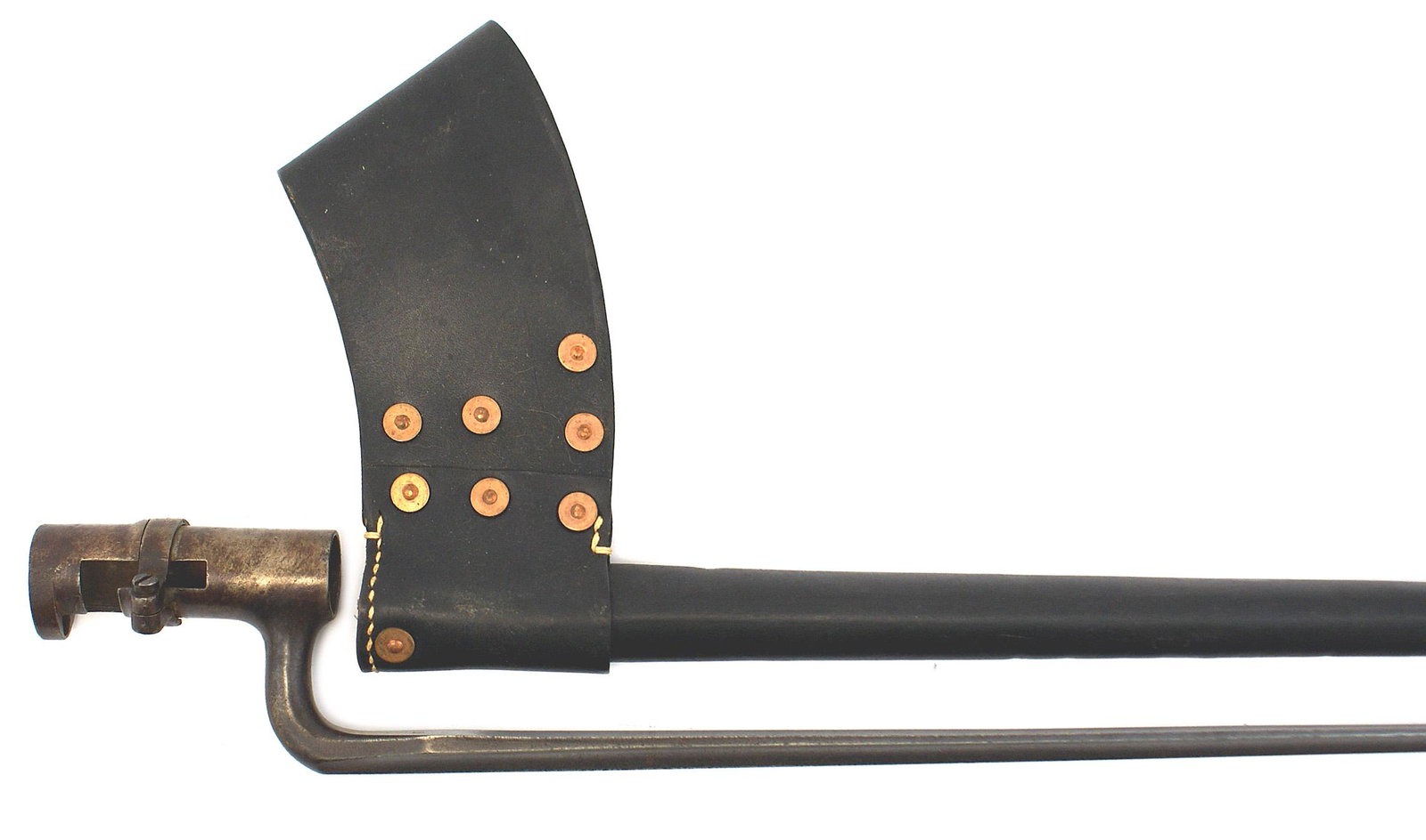US socket bayonet 45 70 trap door rifle: K-154 US socket bayonet for the 45/70 "trap-door" rifle. Retains 60% of the original finish. With a reproduction Civil War leather bayonet scabbard. Copper rivets and a brass tip. II