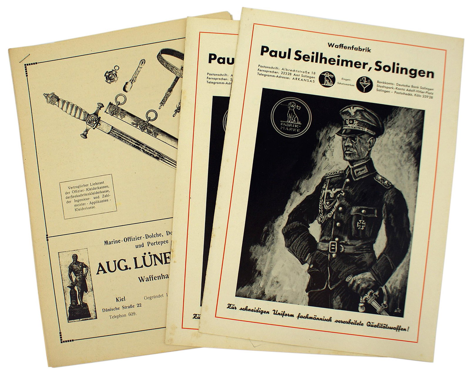 4 original German WWI edged weapons catalogs: Q-001 Lot of 4 original German advertising lists of pictured militaria: (1) Two copies of the WWI era of the "AUG. LUNEBURG" offerings, Includes 6 pages of Imperial Navy daggers as well as Damascus bl