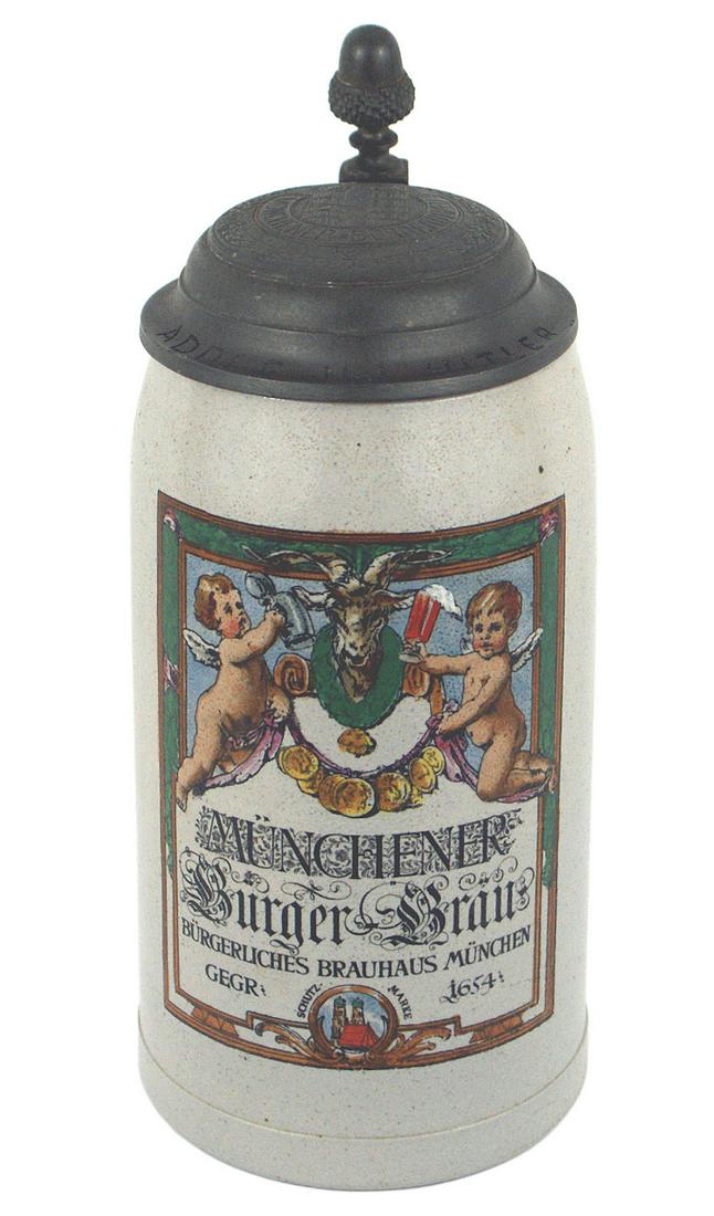 Historic personalized stein Munich Burger Brauhaus: G-002 Historic personalized stein from the Munich Burger Brauhaus. An original 1920's 1 liter stein with a large colorful front consisting of Cupids with drinking vessels, a ram, a grouping of award m