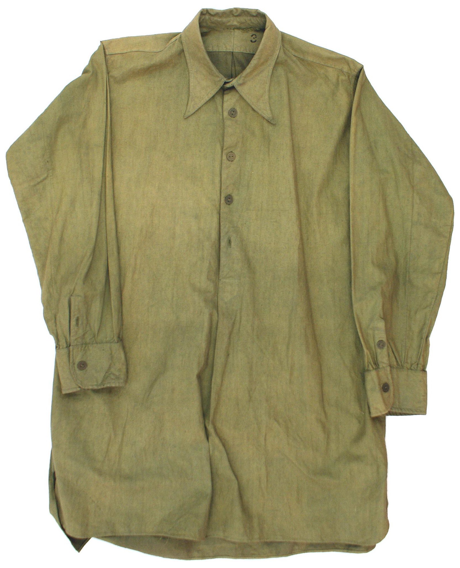 German WWII Army OD shirt: F-007 German WWII Army OD shirt. Pull-over pocketless type with a collar and four buttons. Marked "RB - Nr.0/02500/0204" and "44". Large size. Rare II